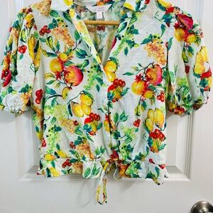 LC Lauren Conrad Yellow Fruit & Floral Tie-Hem Blouse
